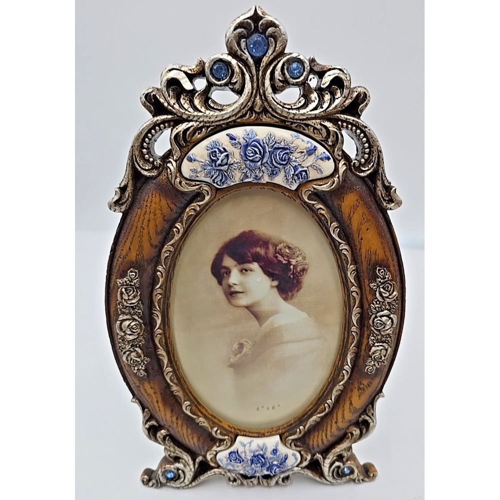 Ornate Oval Wood Silver Blue Rose Victorian Handcrafted Rhinestones Frame